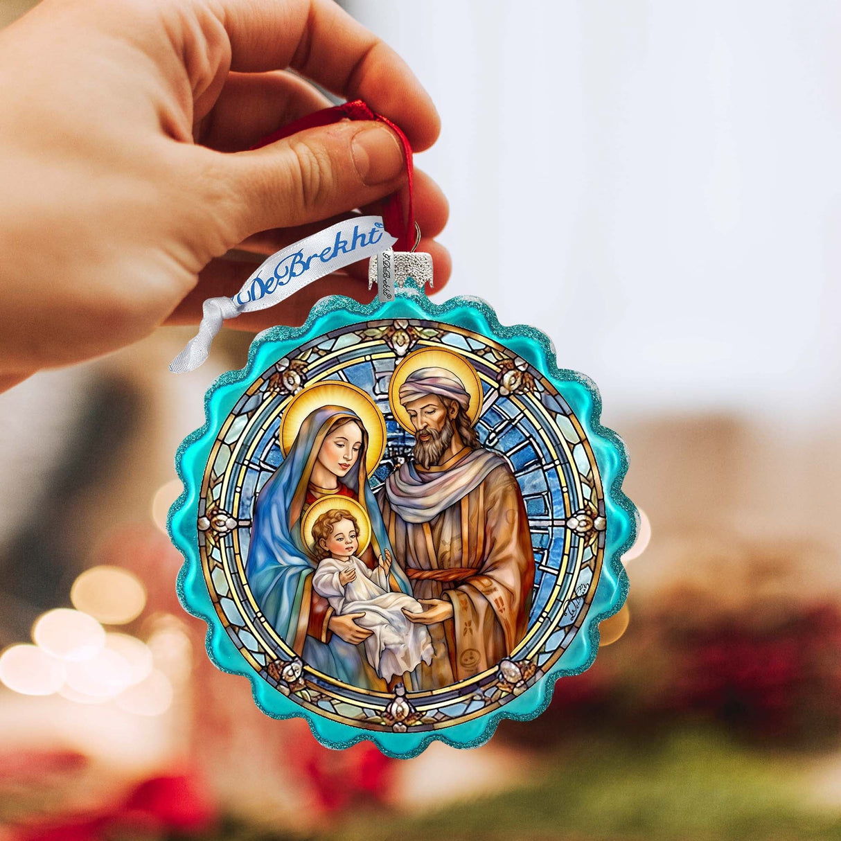 Classical Holy Family Wreath Glass Ornament by G. Debrekht - Nativity Holiday Decor - 759-057
