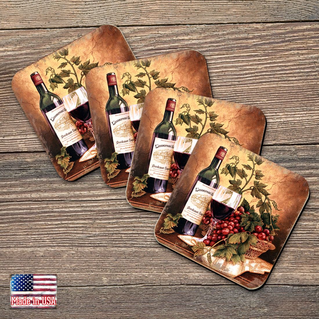 Vine and Grapes Wooden Cork Coasters Gift Set of 4 by Nature Wonders - Nature Wildlife Decor - 95349-2C-S4