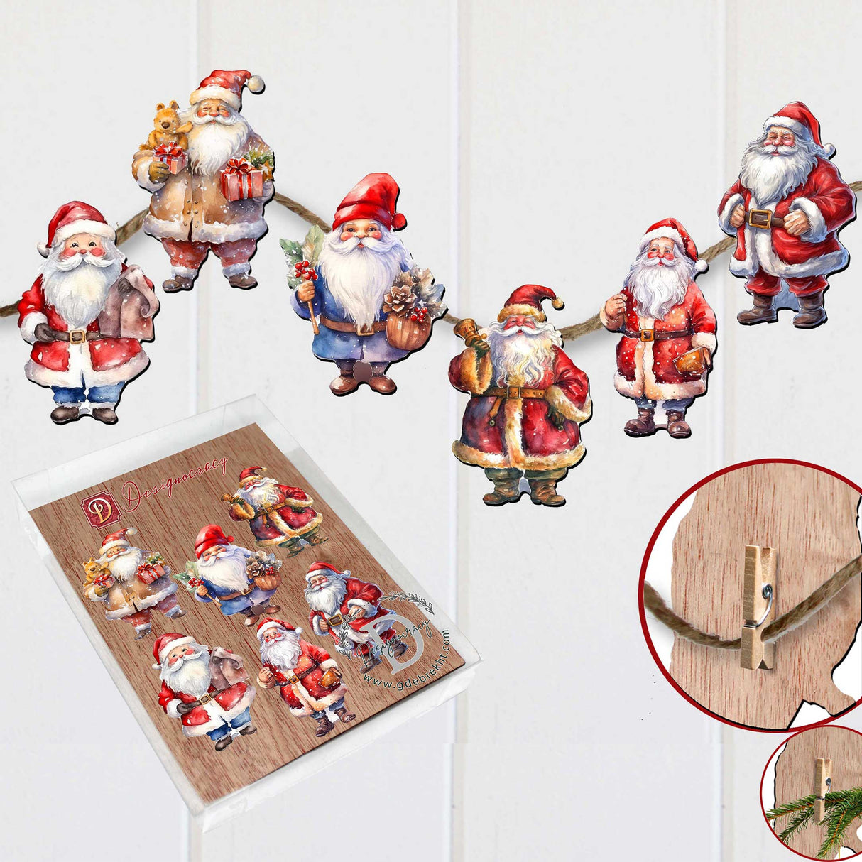 Adornos decorativos de madera de Papá Noel con clip (6 unidades) de G. Debrekht - Decoración navideña - 8090009C-S6