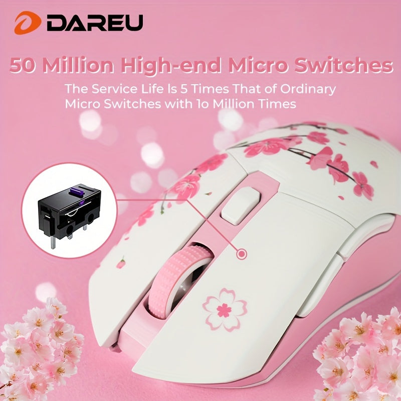DAREU Sakura Pink Wireless Gaming Mouse - 12K DPI, RGB Rechargeable, 7 Programmable Buttons, Charging Dock Stand, Dual Mode for PC/Laptop/Mac - The Perfect Gift for Birthdays, Valentines, Halloween, Easter, and Girlfriends