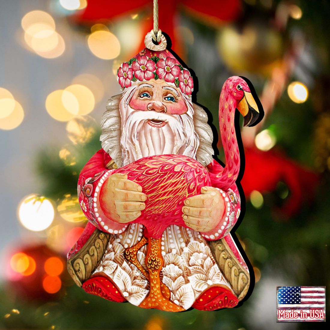 Flamingo Santa Christmas Wooden Ornaments by G. DeBrekht - Christmas Santa Snowman Decor - 8117835