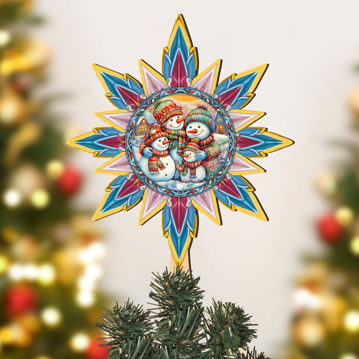 Decoración de madera para la punta del árbol de Navidad con forma de estrella y muñeco de nieve de G. Debrekht - Decoración navideña con muñeco de nieve de Papá Noel - 89511