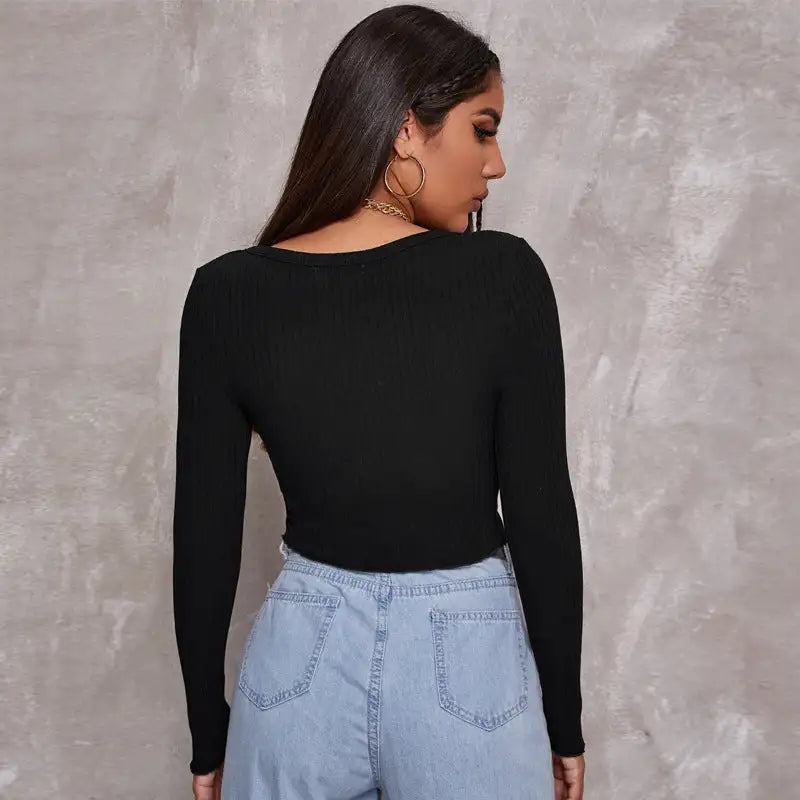 Long Sleeved Crop Cardigan Top Sexy Button Knit T-shirt - Lootquake