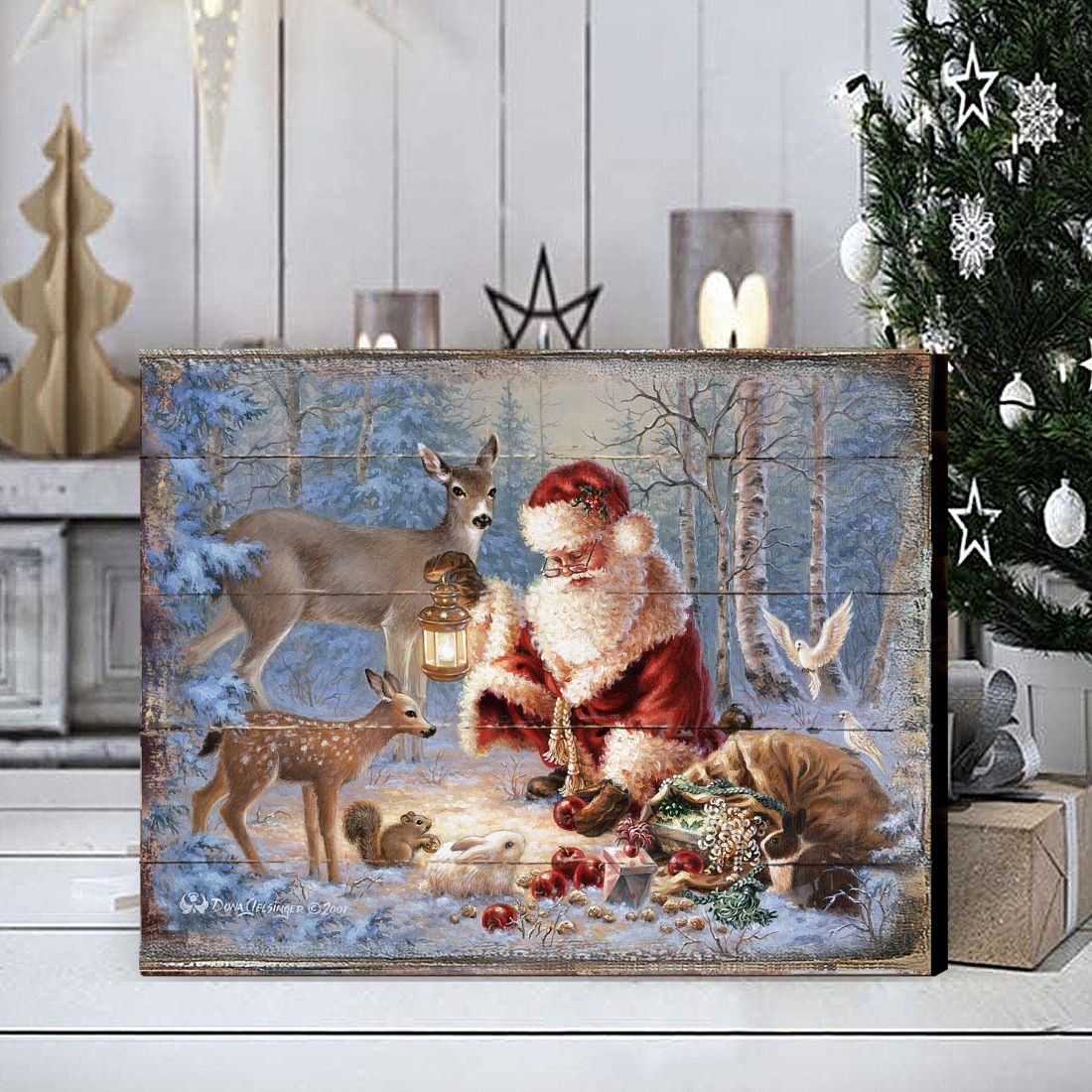 Arte mural de madera "Abundancia de alegría" de D Gelsinger - Decoración navideña de Papá Noel y muñeco de nieve - 95601B-0104