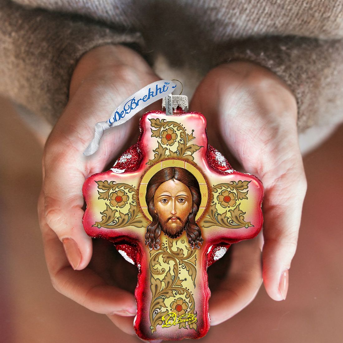 Adorno de cruz de vidrio con rostro de Jesús de G. DeBrekht - Decoración navideña - 758-006