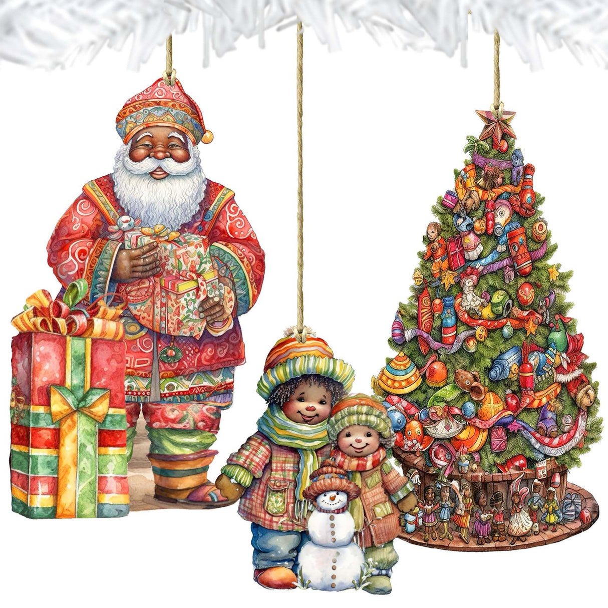 Papá Noel de todo el mundo - Papá Noel de inspiración afroamericana - Juego de 3 adornos de madera de G. DeBrekht - Decoración navideña de Papá Noel y muñeco de nieve - 8091310S3