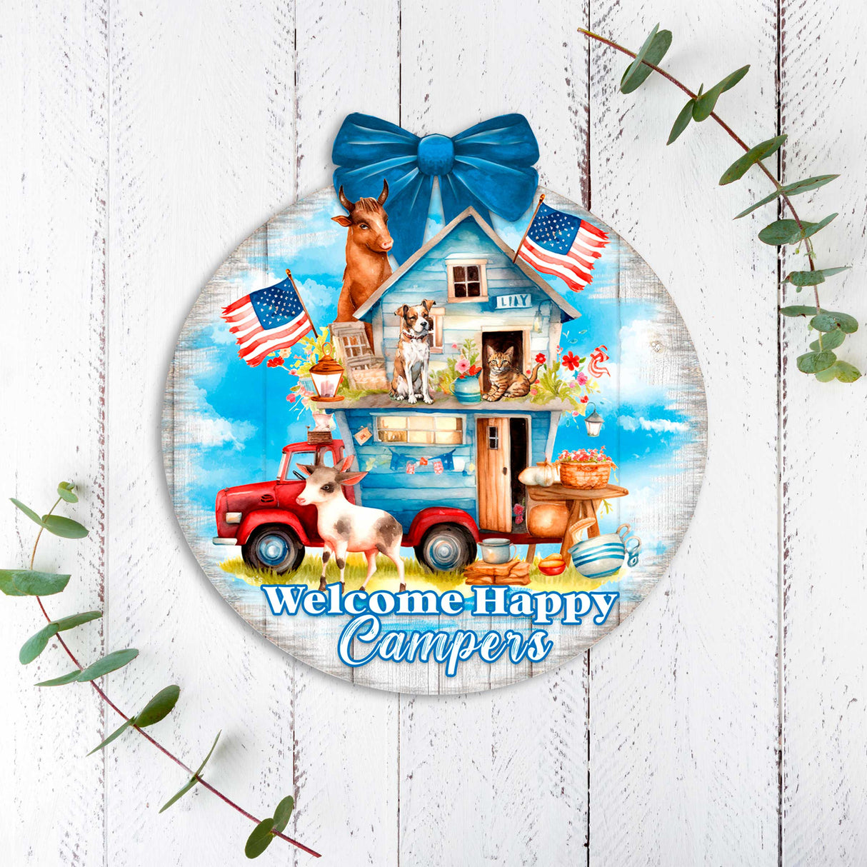 Letrero de bienvenida para campistas felices Letrero de bienvenida para puerta de entrada Pancarta de entrada principal Letrero de bienvenida - Decoración de porche delantero de madera - 933114H