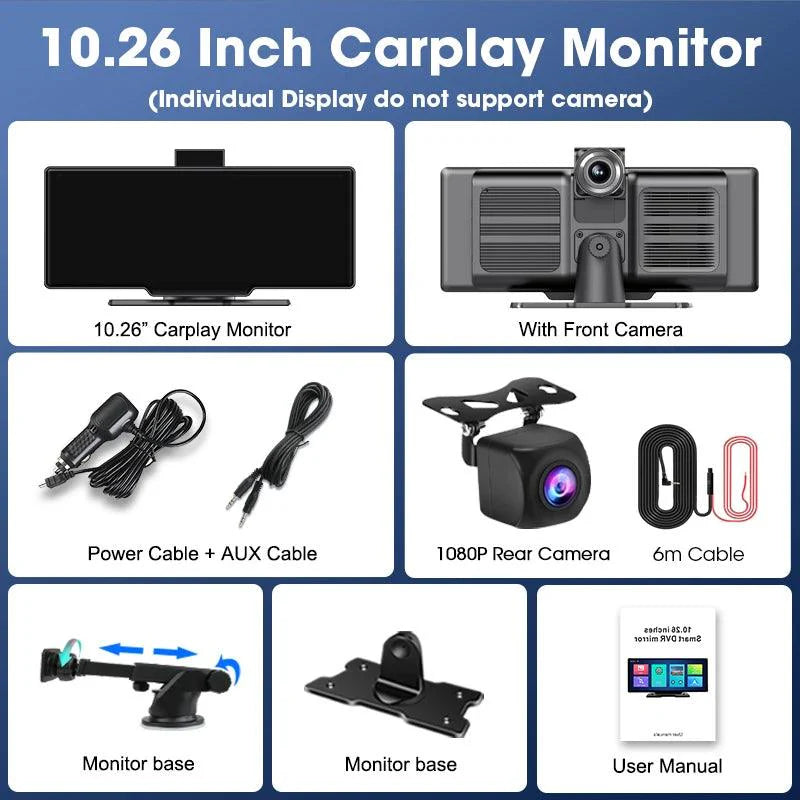 4K 10.26'' Mirror Dash Cam w/ Carplay & Android Auto