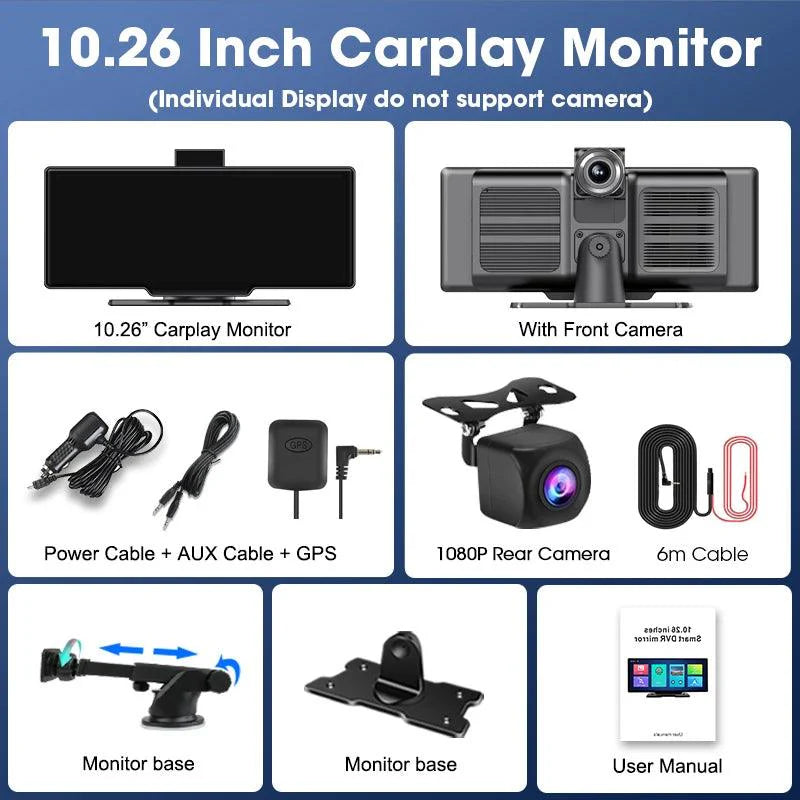 4K 10.26'' Mirror Dash Cam w/ Carplay & Android Auto