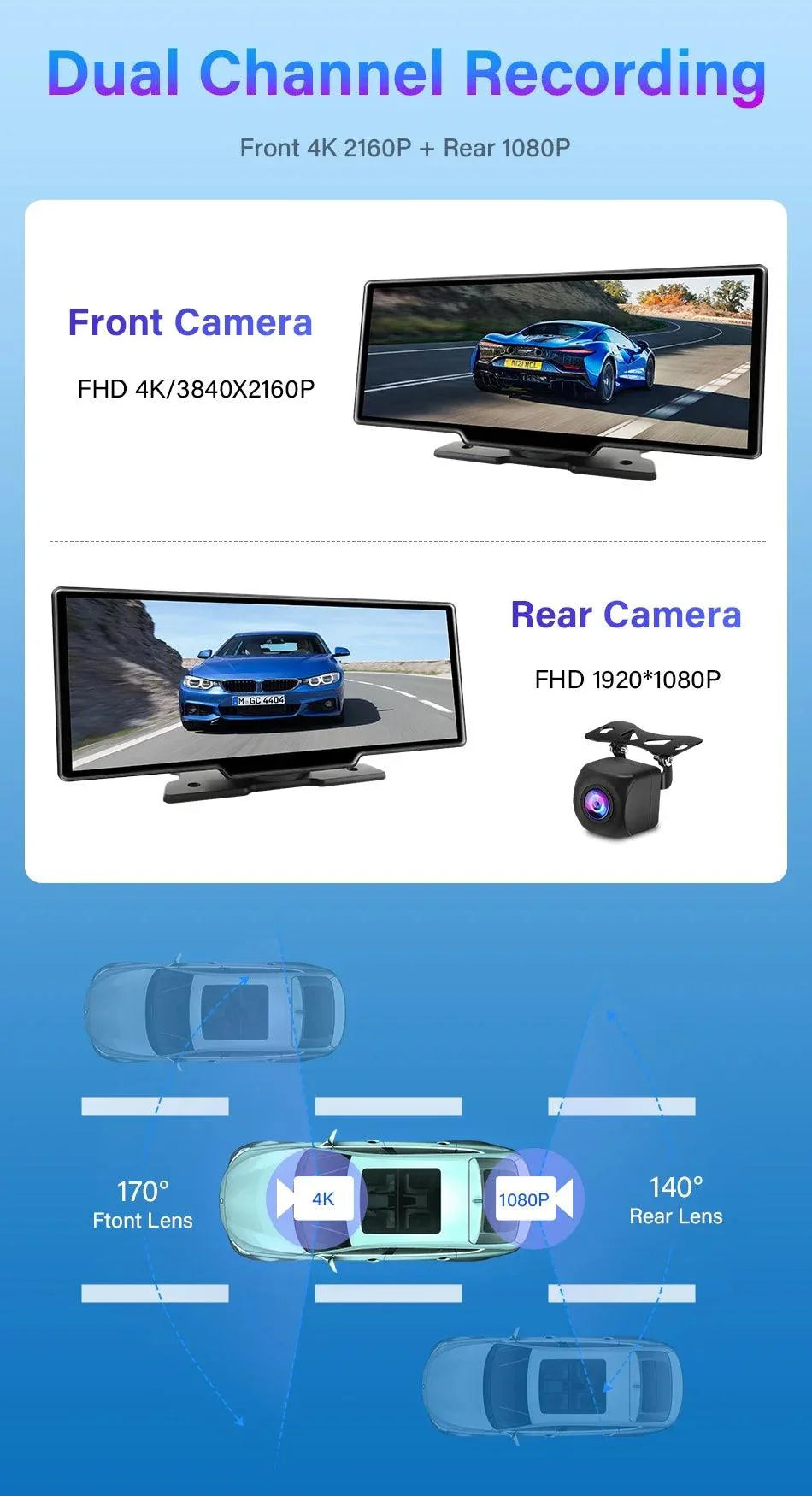 4K 10.26'' Mirror Dash Cam w/ Carplay & Android Auto