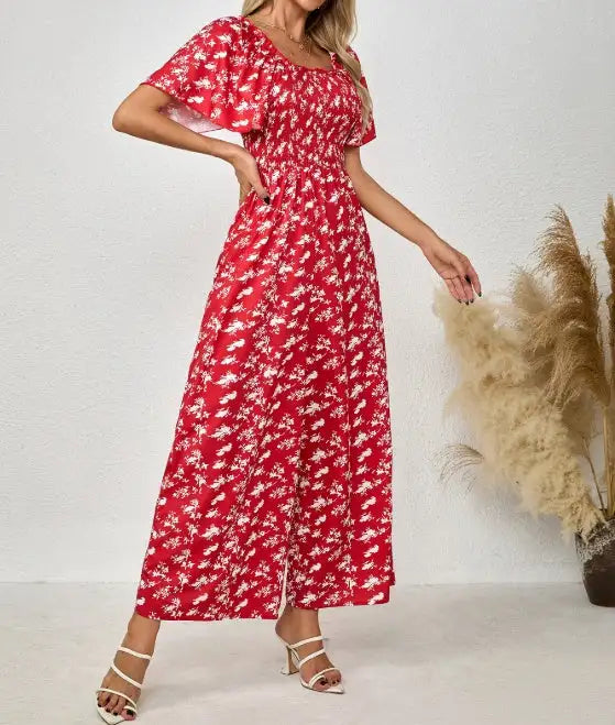 Ladies' Printed Square Neck Fashionable Loose Vacation Style Jumpsuit - Lootquake