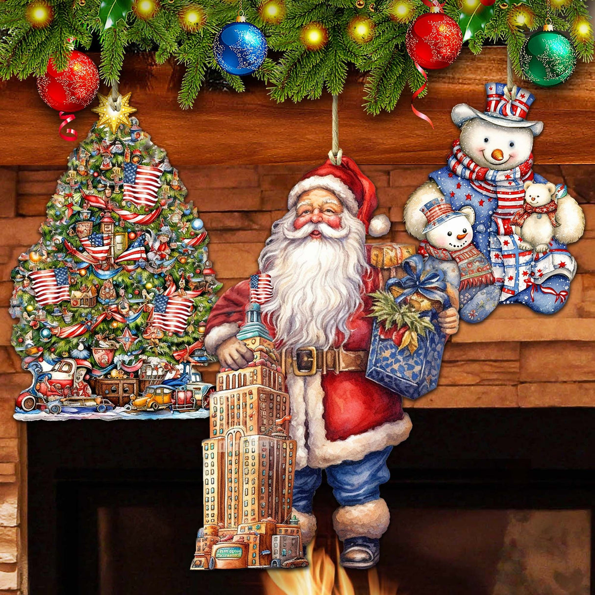 Santas Around the World - American Inspired Santa - Wooden Ornaments Set of 3 by G. DeBrekht Christmas Santa Snowman Decor - 8091301S3