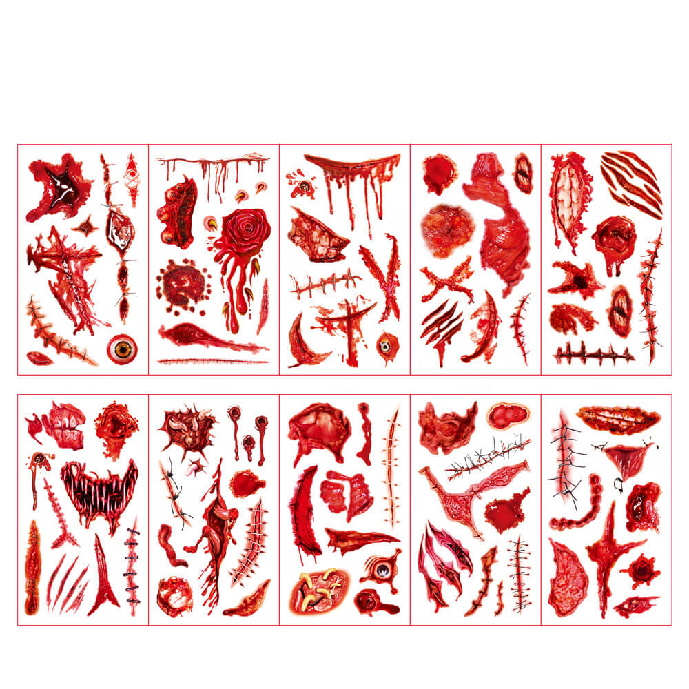 10 pegatinas de tatuajes temporales de Halloween con heridas espeluznantes