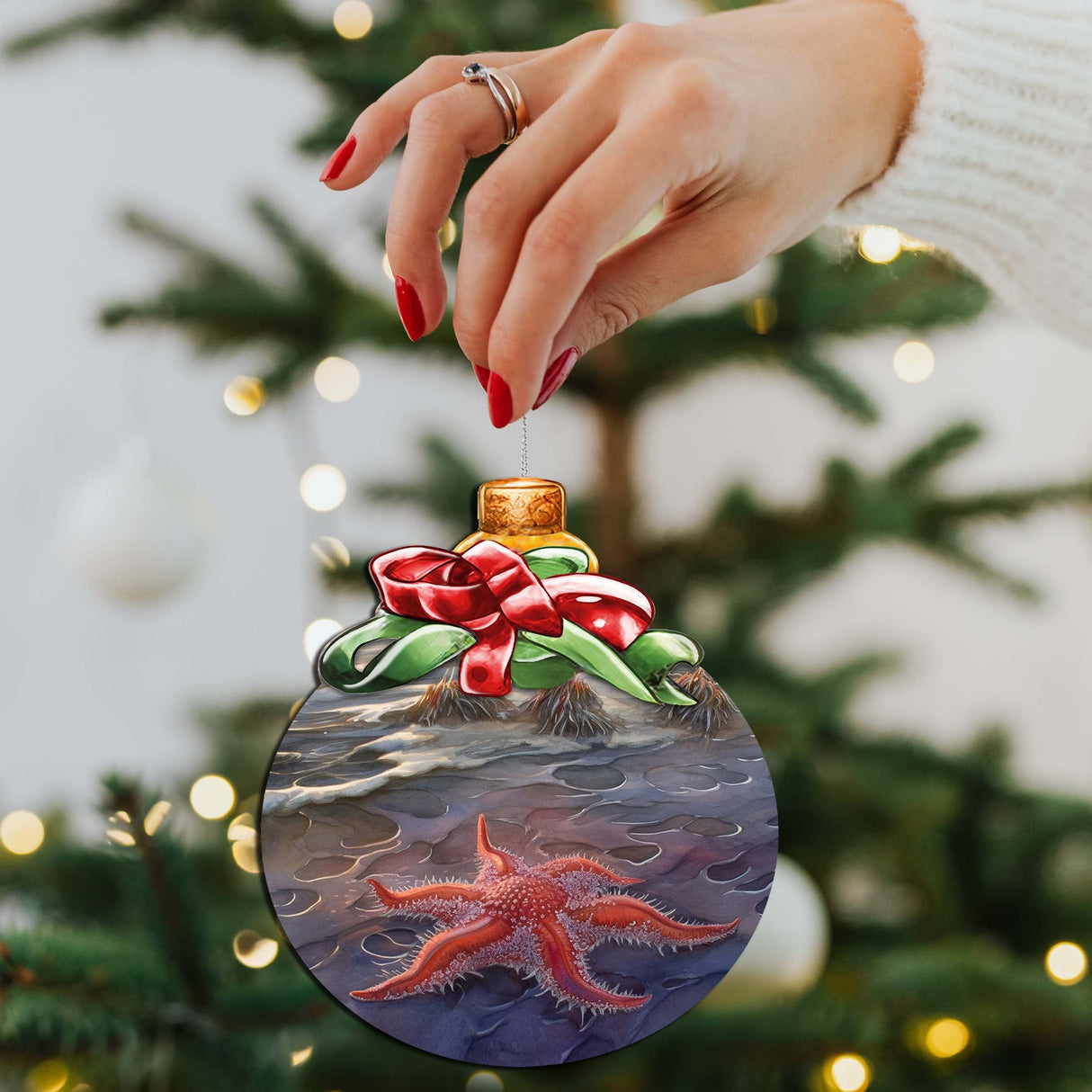 Red Sunflower Sea Star Wooden Ornaments by G.Debrekht - Wildlife Holiday Decor - 870019