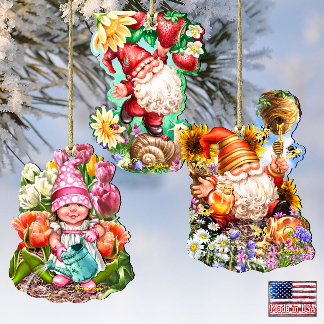 Juego de 3 adornos de madera de gnomos de Gelsinger - Decoración navideña de Papá Noel y muñeco de nieve - 8461060-S3-DG