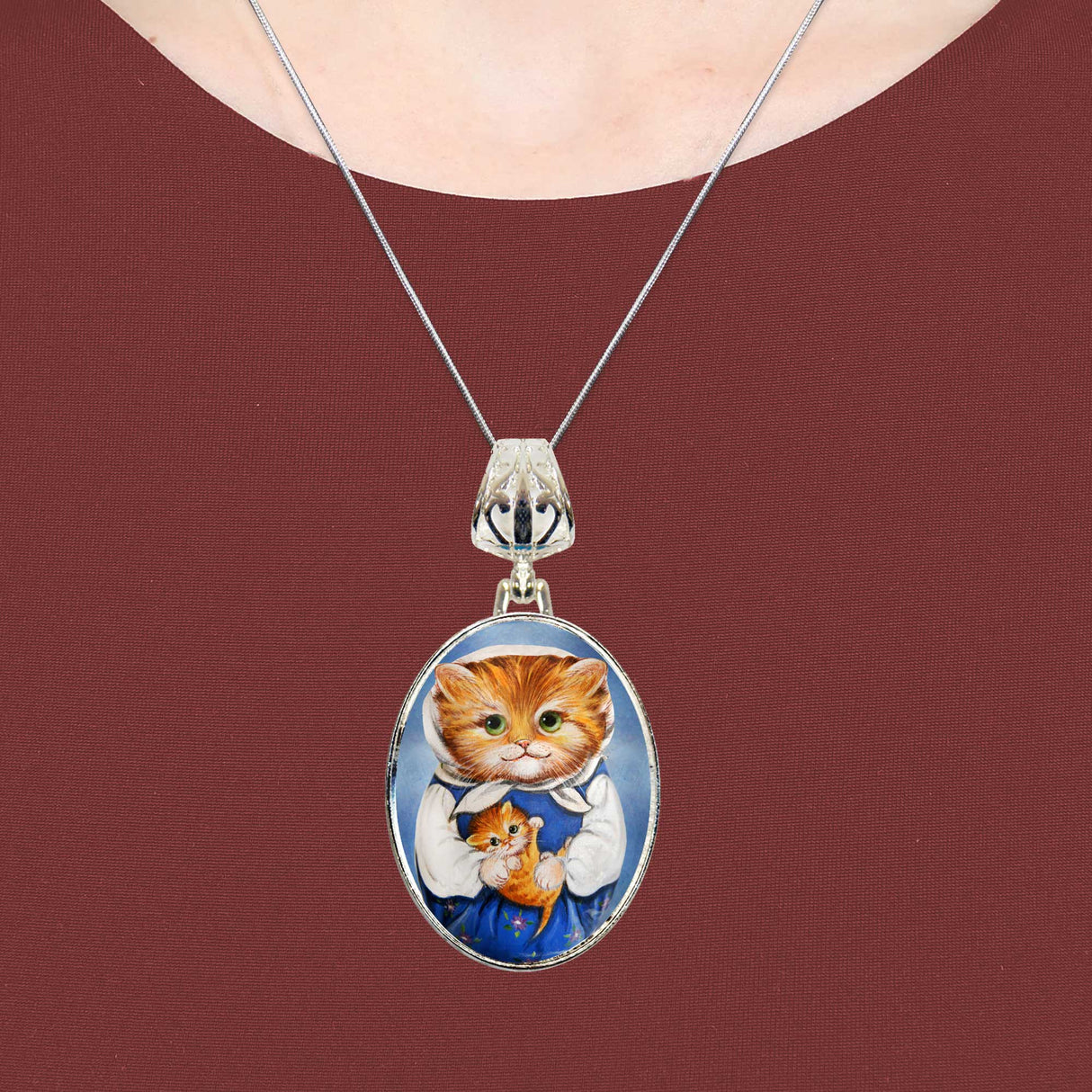 Mother Cat Silver Plated Mother of Pearl Jewelry Pendant Necklace - 44039O