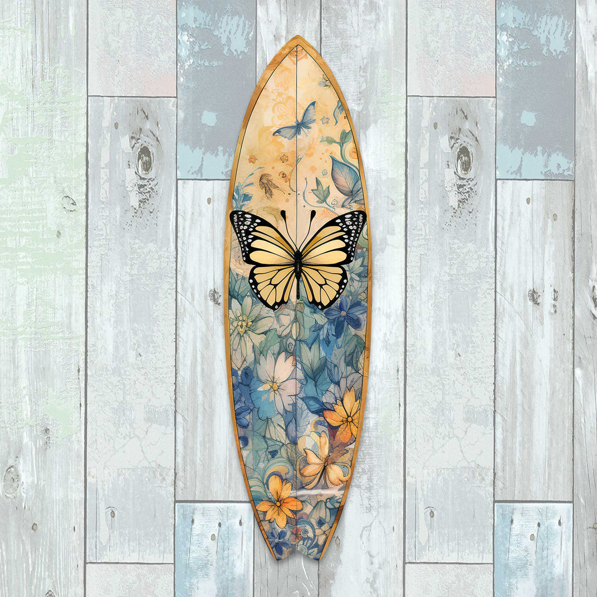 Tabla de surf con mariposa monarca amarilla, arte mural costero de G. DeBrekht - Decoración navideña costera - 8490109HS