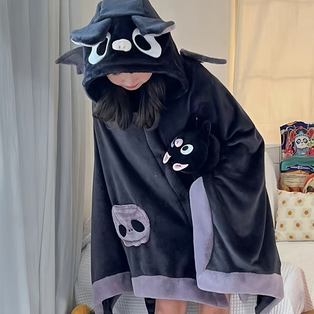 Cozy Bat-Themed Hooded Wearable Blanket with Detachable Nose - Soft Flannel, Machine Washable for Autumn & Winter