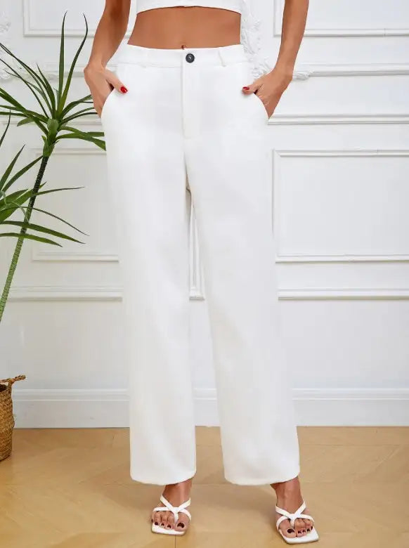 Women's Solid Color Button Slim Straight Tube Simple And Comfortable Pants - Lootquake