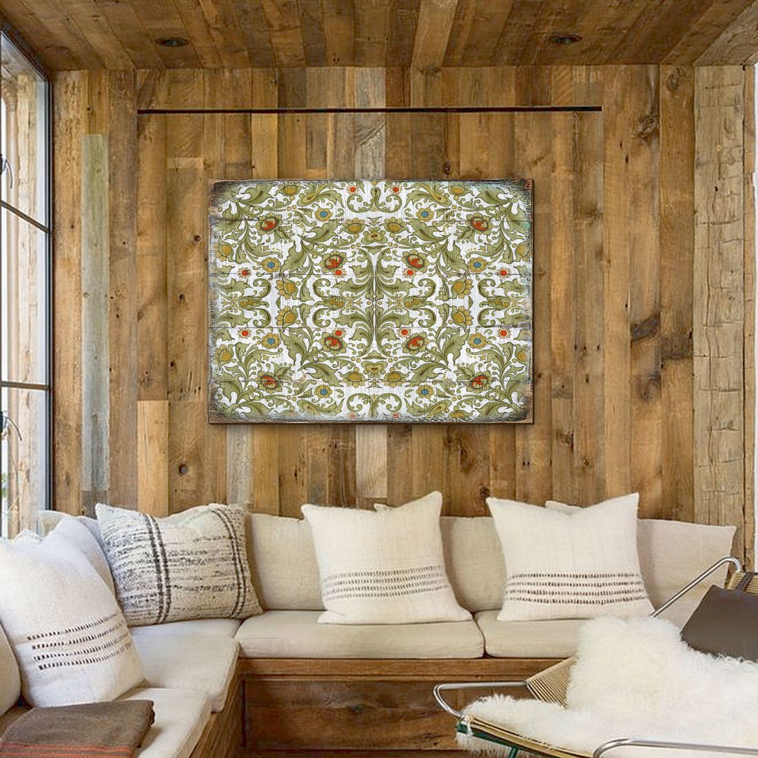 Arte mural rústico de madera con flores doradas y verdes de G. DeBrekht - Decoración floral ornamental - 95011B