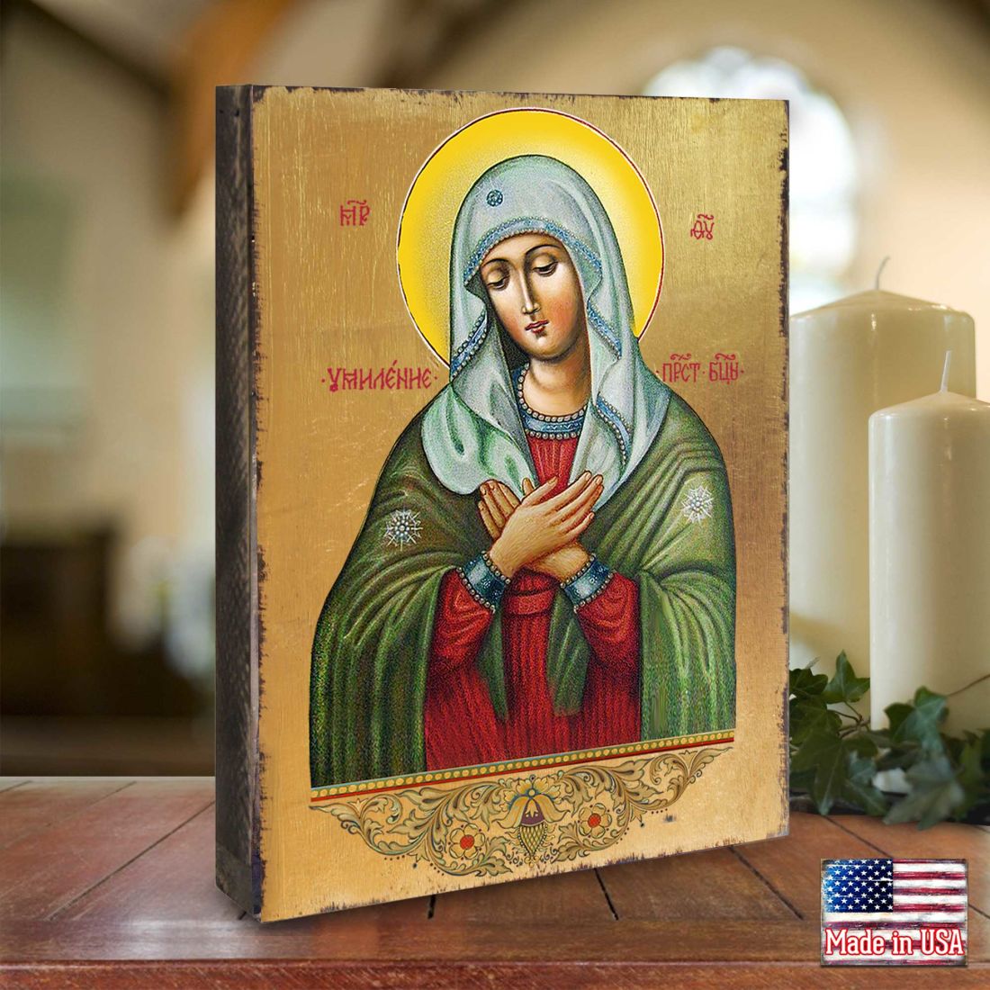 Icono sagrado ortodoxo religioso de madera bañado en oro de la Madre de Dios de la Ternura - Decoración inspiradora - 85012