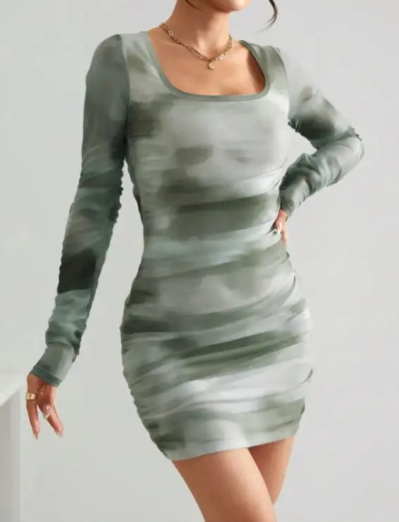 Ladies' Square Neck Printed Fashionable Slim Fit Dress With A Wrapped Buttocks - Lootquake