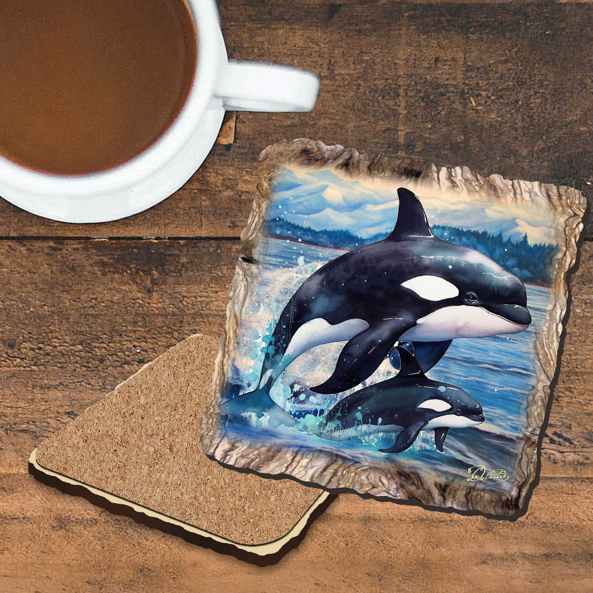 Orca Wooden Cork Coasters Gift Set of 4 by Nature Wonders Coastal Nature Wildlife Decor - 95396C-S4
