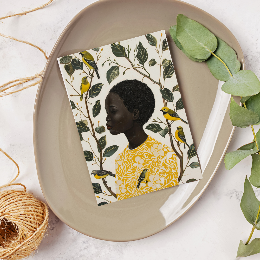 Black Girl Art Postcard - Of Bird and Bloom - Botanical Elegance