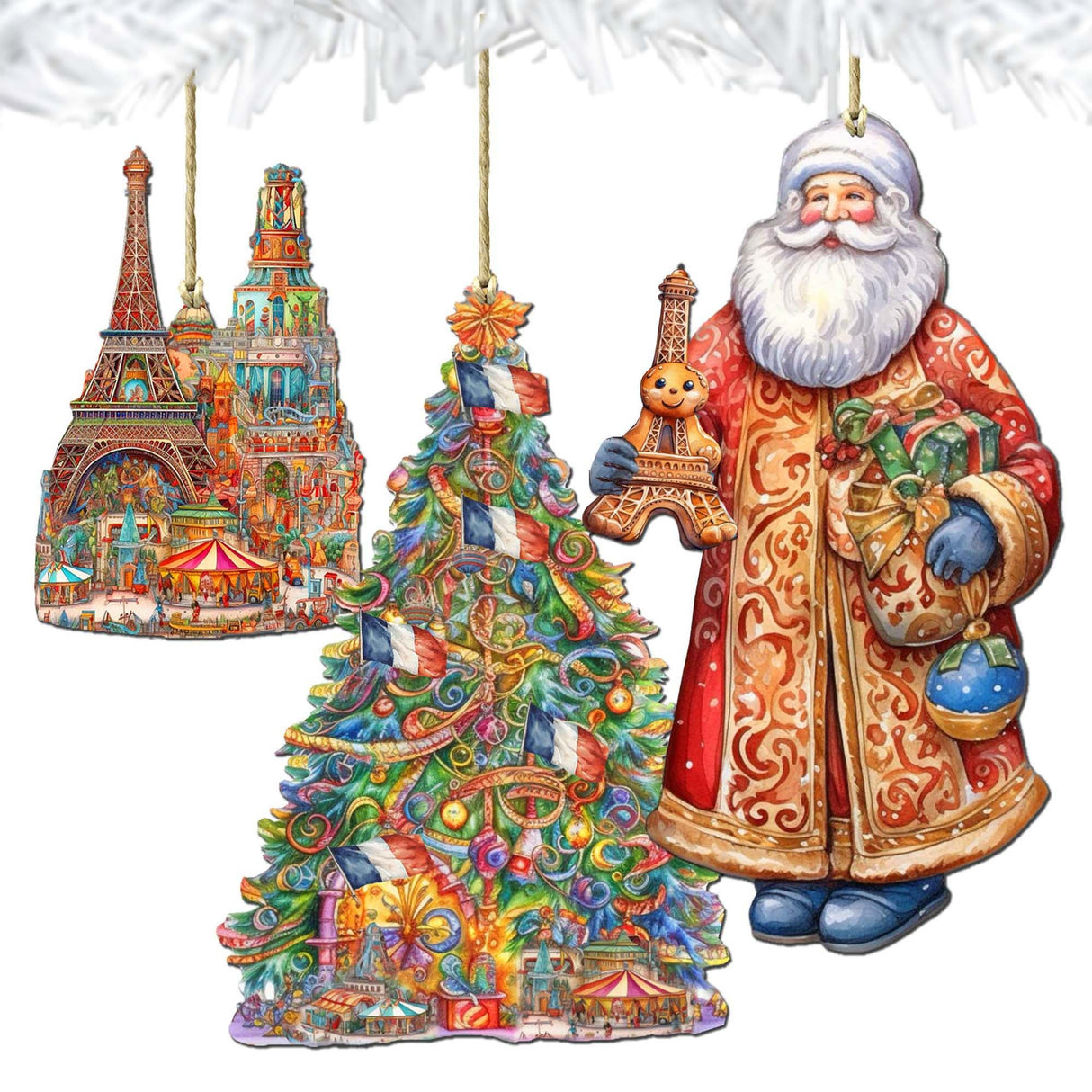 Papá Noel de todo el mundo - Papá Noel de inspiración francesa - Juego de 3 adornos de madera de G. DeBrekht - Decoración navideña de Papá Noel y muñeco de nieve - 8091303S3