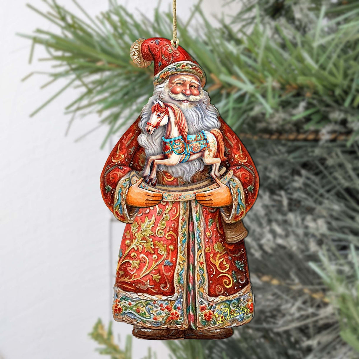 Adornos de madera con el nostálgico caballo mecedor de Papá Noel de G. Debrekht - Decoración navideña con muñeco de nieve de Papá Noel - 8691414