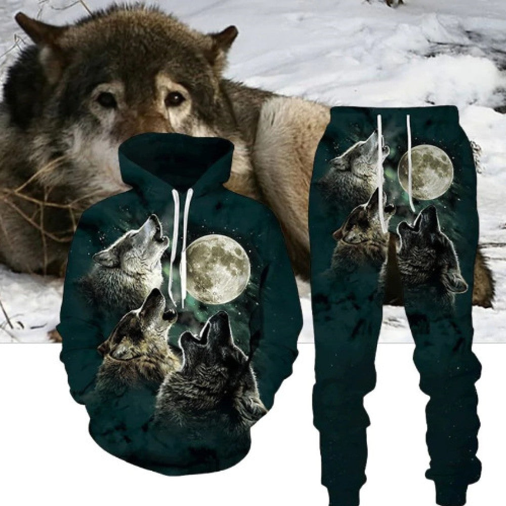 Digital Wolf Pattern Hoodie Sweater Pants Suit For Men And Women - Lootquake
