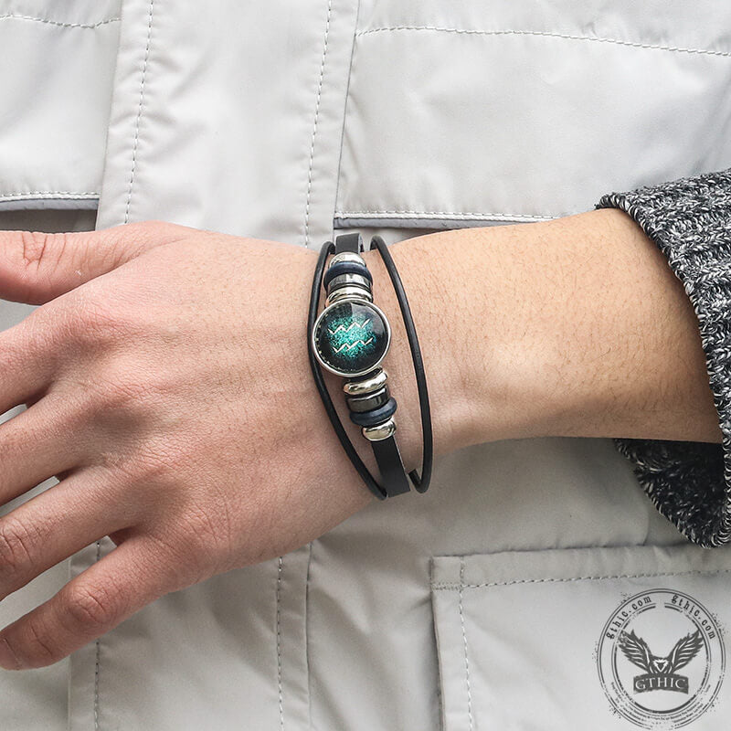 Pulsera de acero inoxidable y cuero multicapa con 12 constelaciones