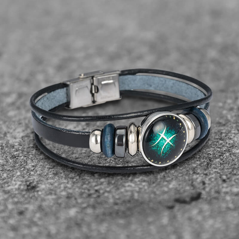 Pulsera de acero inoxidable y cuero multicapa con 12 constelaciones