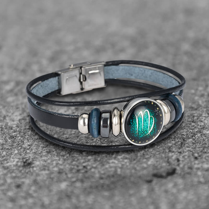 Pulsera de acero inoxidable y cuero multicapa con 12 constelaciones