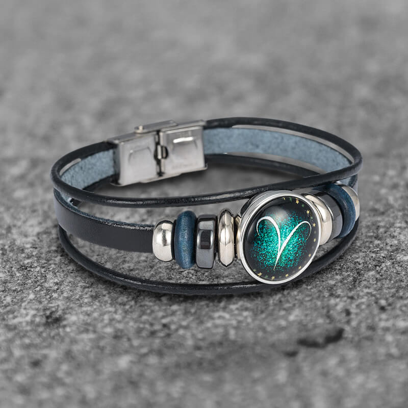 Pulsera de acero inoxidable y cuero multicapa con 12 constelaciones