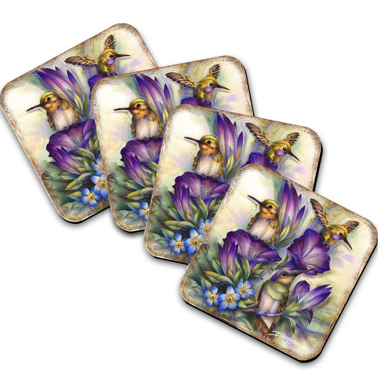 Everlasting Friendship Hummingbirds Wooden Cork Coasters Gift Set of 4 by J. Bergsma - Wildlife Decor - 8199464C-S4