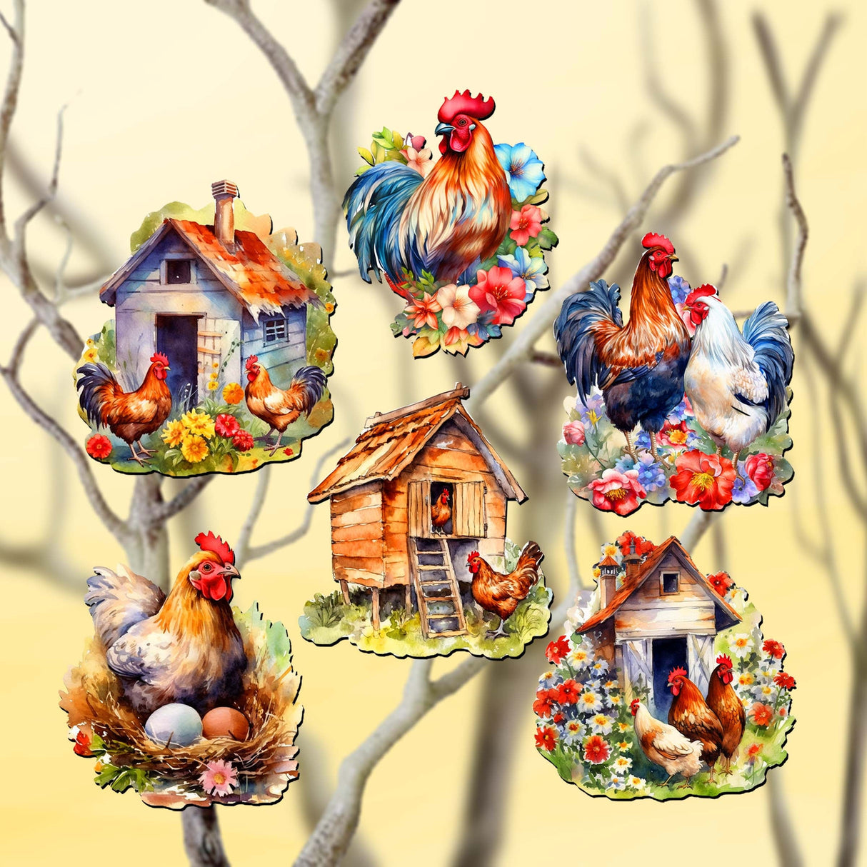 Spring on the Farm Decorative Wooden Clip-on Ornaments Set of 6 by G. Debrekht - Easter Decor - 8090056C-S6