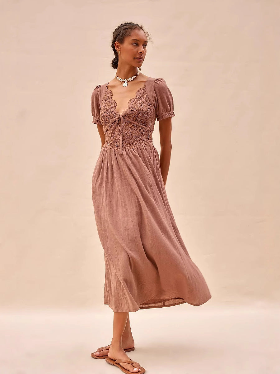 Vestido de algodón puro de manga corta con encaje y escote en V