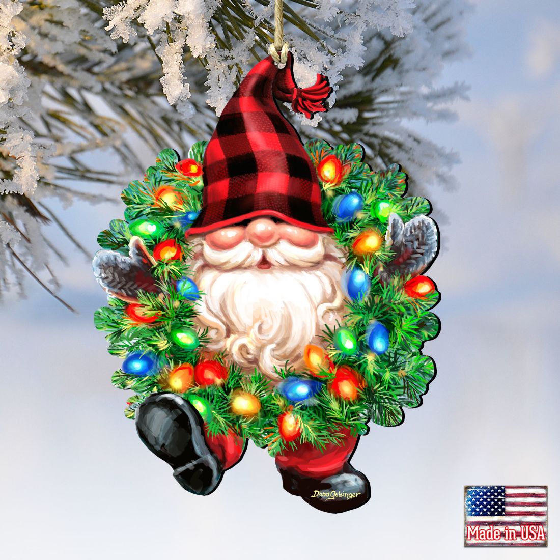 Bright Light Gnome Dwarf Wreath Wooden Ornaments by Gelsinger - Christmas Decor - 8161053-DG