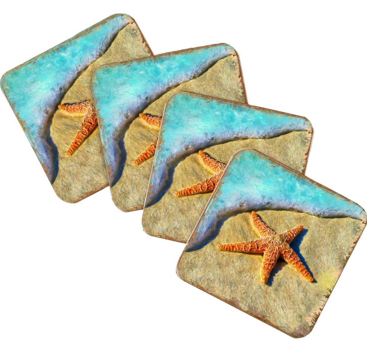 Posavasos de corcho de madera con diseño de estrellas de mar de Nature Wonders (juego de 4) - Decoración costera con temática marina - 95253C-S4