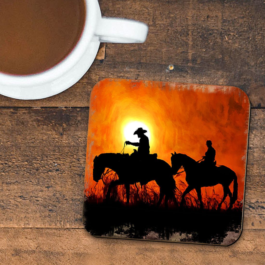 Cowboy Sunset Ride Wooden Cork Coasters Gift Set of 4 by Nature Wonders - Nature Wildlife Decor - 95230C-S4
