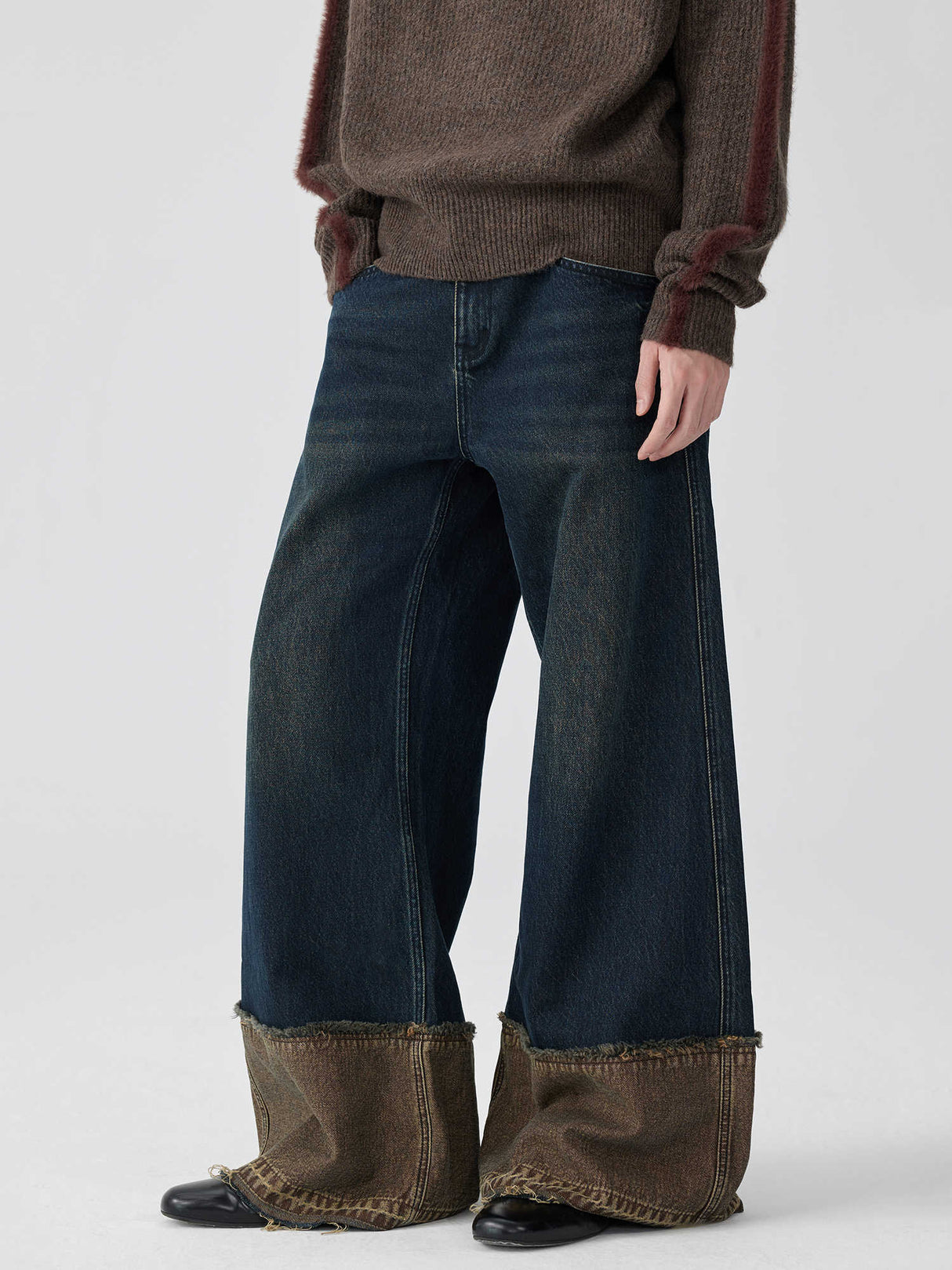 Brown Blue Nano Water Foot Washing Mouth Reverse Stitching Raw Hem Jeans - Lootquake