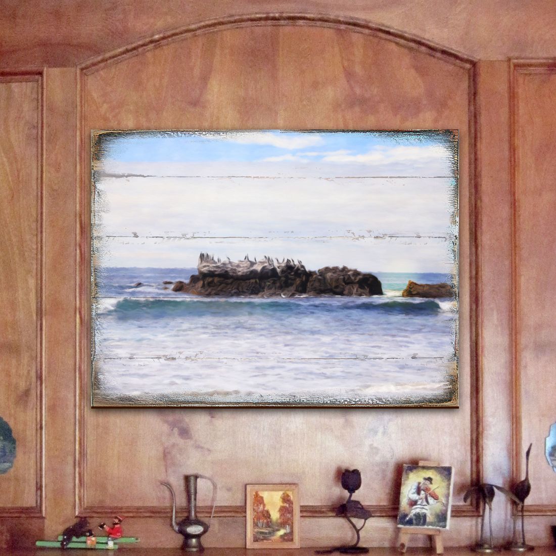 Arte mural costero de madera "Roca en la orilla" de Nature Wonders - Decoración costera de vida marina - 95252-2B