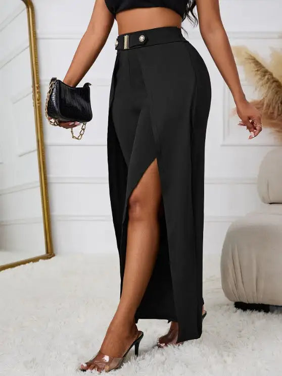 Ladies' Solid Color Belt, Loose Wide Leg Slit, Elegant Straight Leg Pants - Lootquake