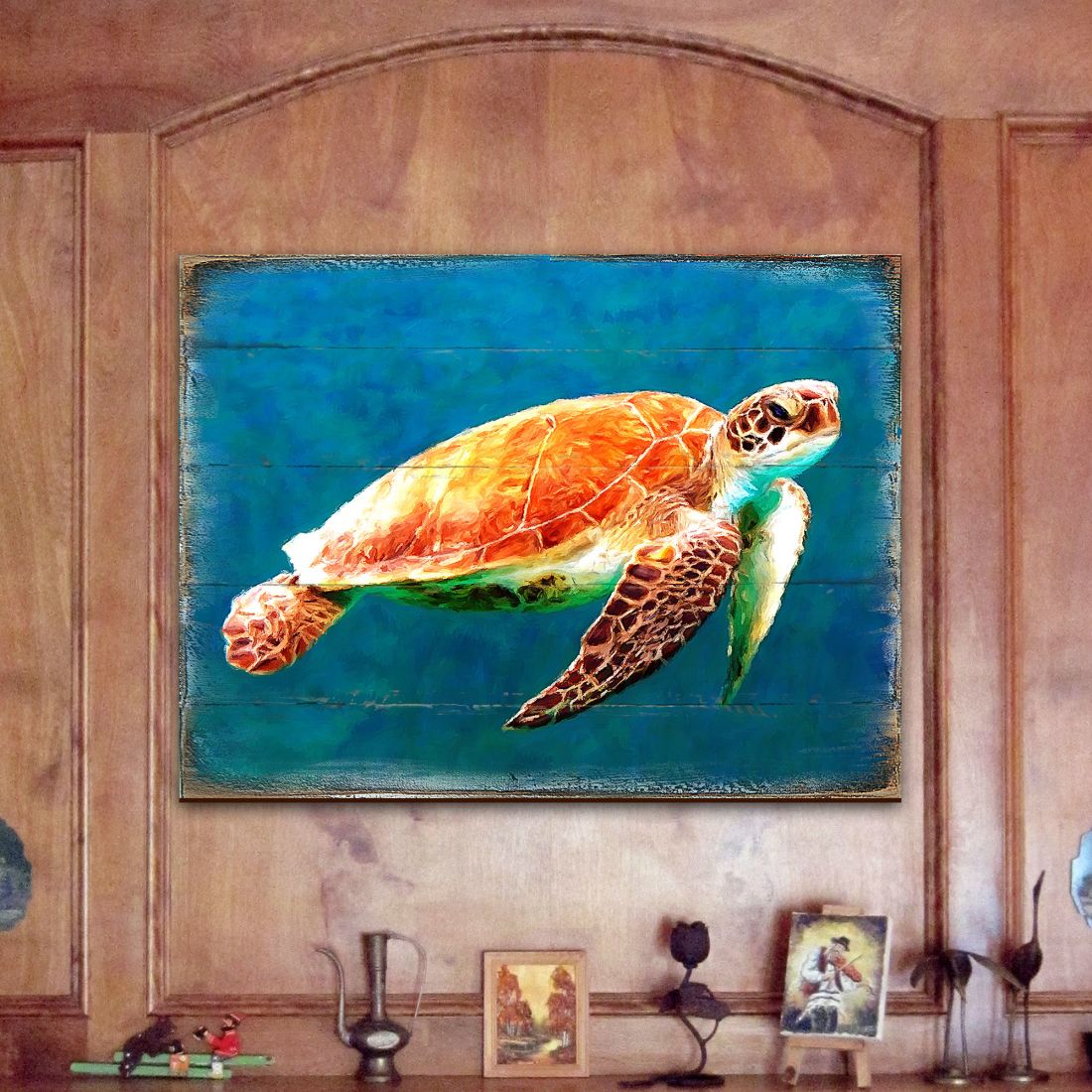 Arte de pared costero de madera con diseño de tortuga marina de Nature Wonders - Decoración costera de vida marina - 95266B