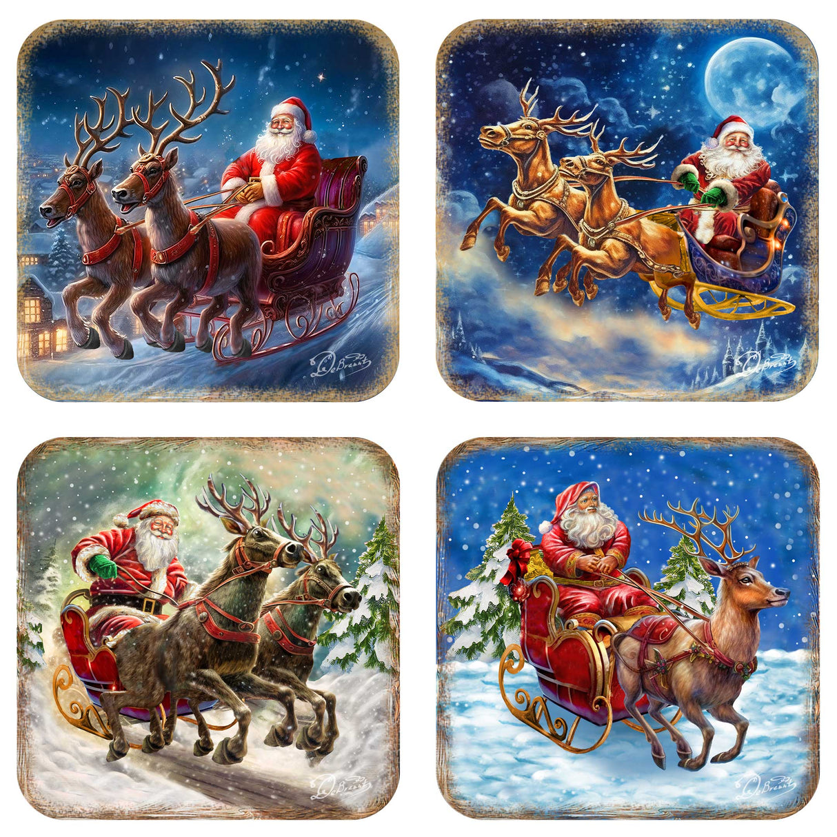Santa's Sleigh Wooden Cork Coasters Gift Set of 4 by G. Debrekht - Santa Christmas Decor - 8199445C-S4