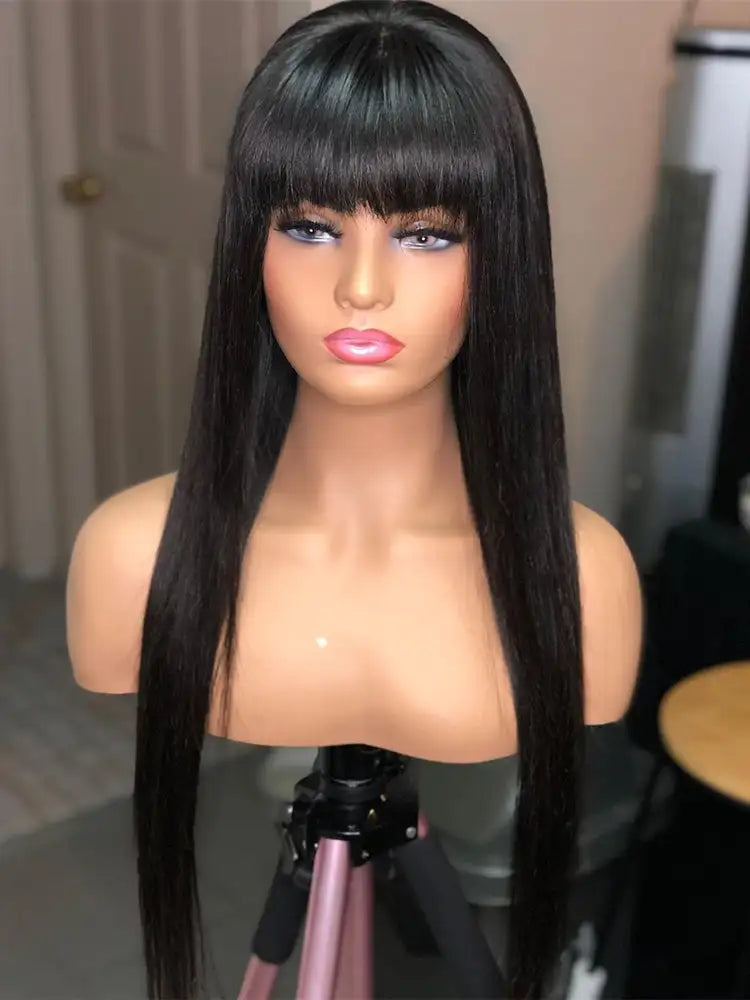 Brazilian Straight Black 100 Real Hair 30Inch Long Bangs Wig - Lootquake
