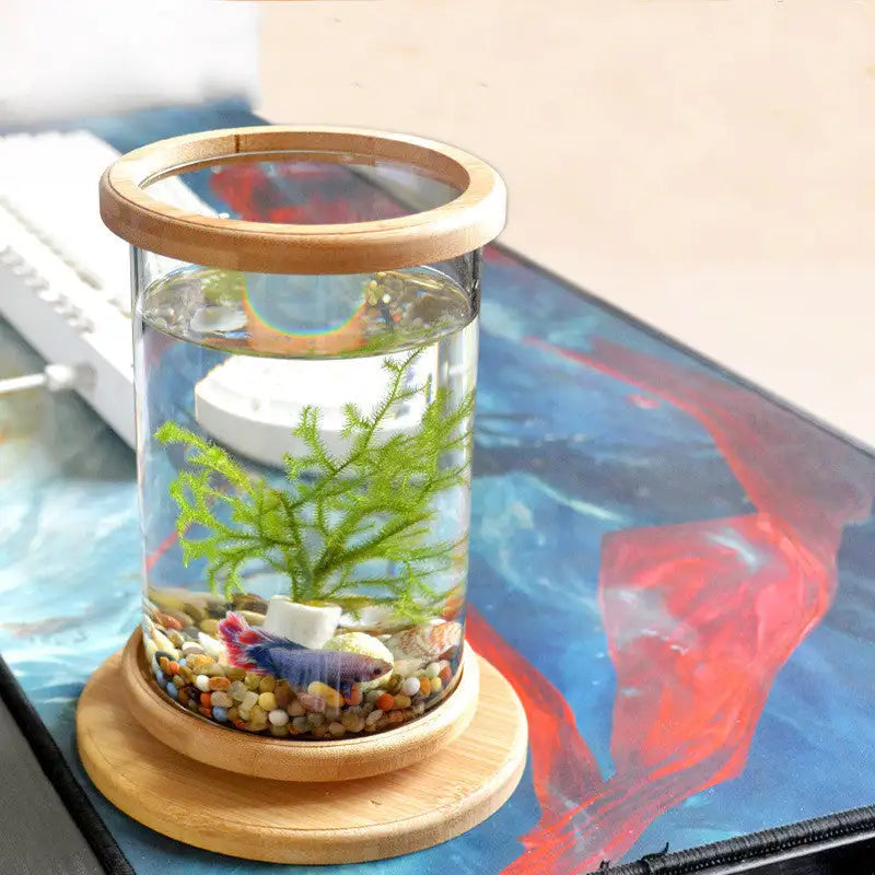 Small Office Glass Aquarium Bamboo Base Mini Fish Tank Decoration Fish Bowl - Lootquake