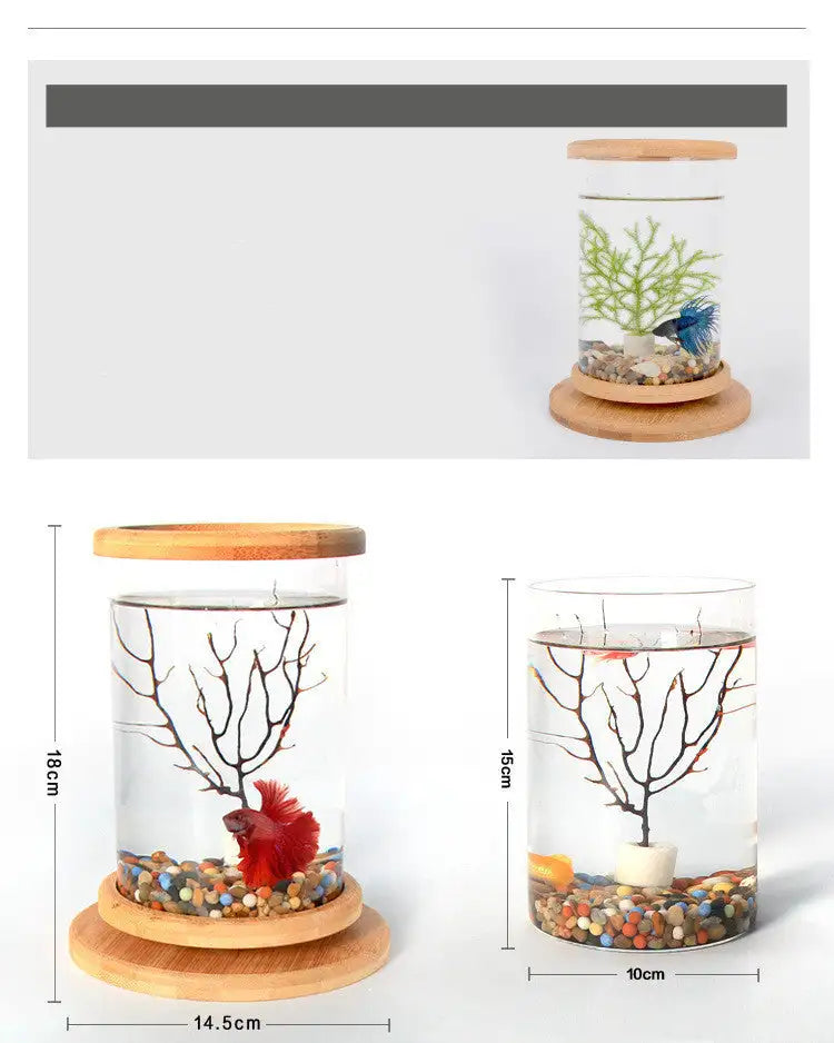 Small Office Glass Aquarium Bamboo Base Mini Fish Tank Decoration Fish Bowl - Lootquake