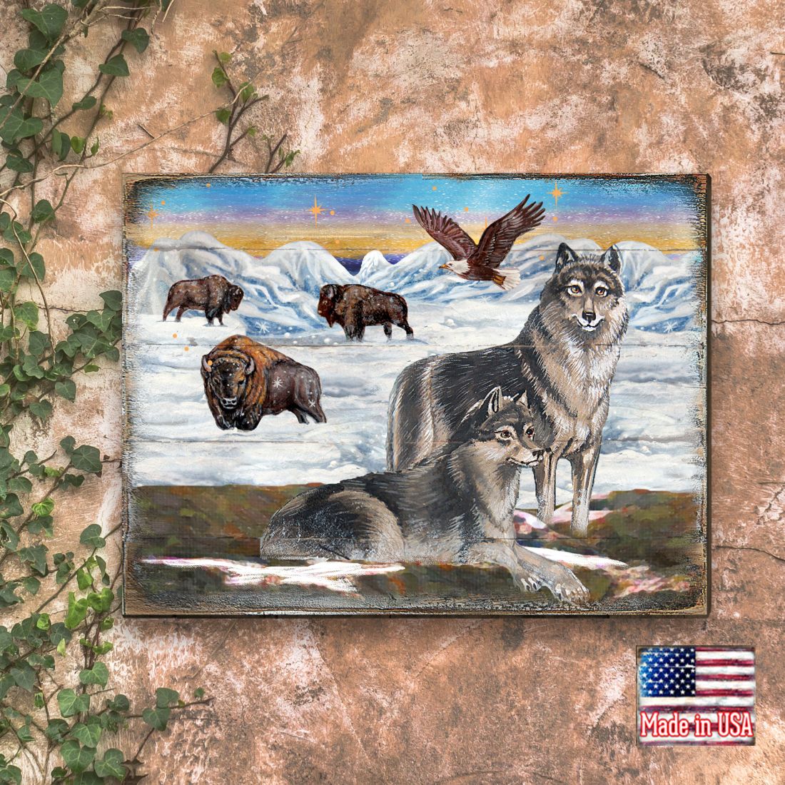 Arte mural de madera con lobos invernales de Nature Wonders - Decoración de vida silvestre - 95222B